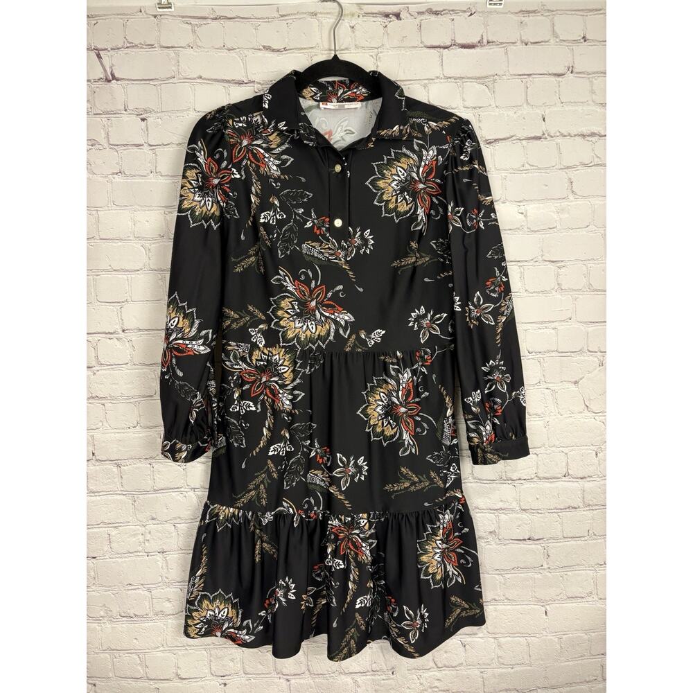 Jude Connally Woman Long Sleeve Black Floral Print Tiered Dress Size XS Stretch